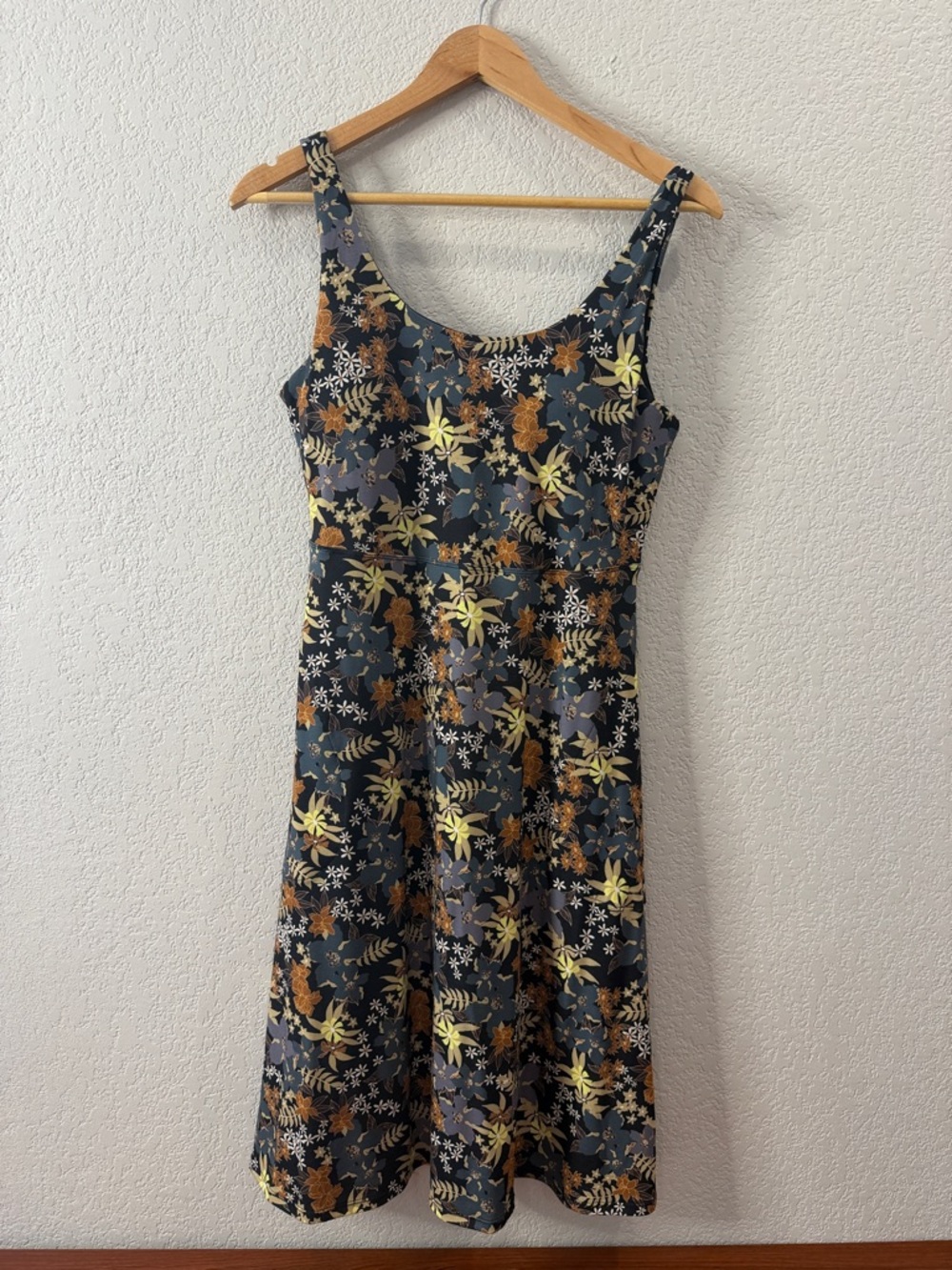 Prana Navy Floral Scoop-Neck Midi Dress with Mustard Accents